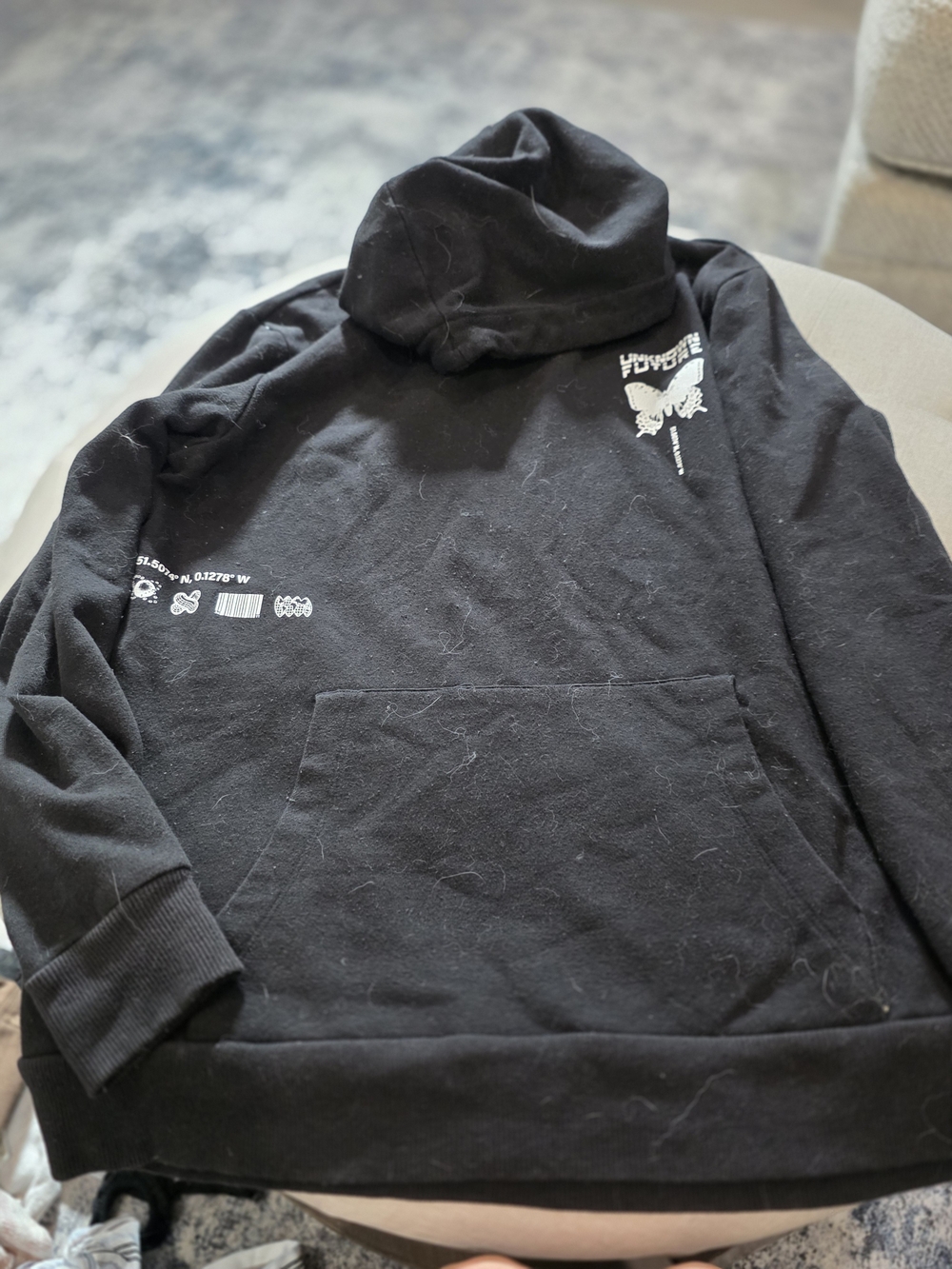 Black Women's Hoodie with White Butterfly Graphic